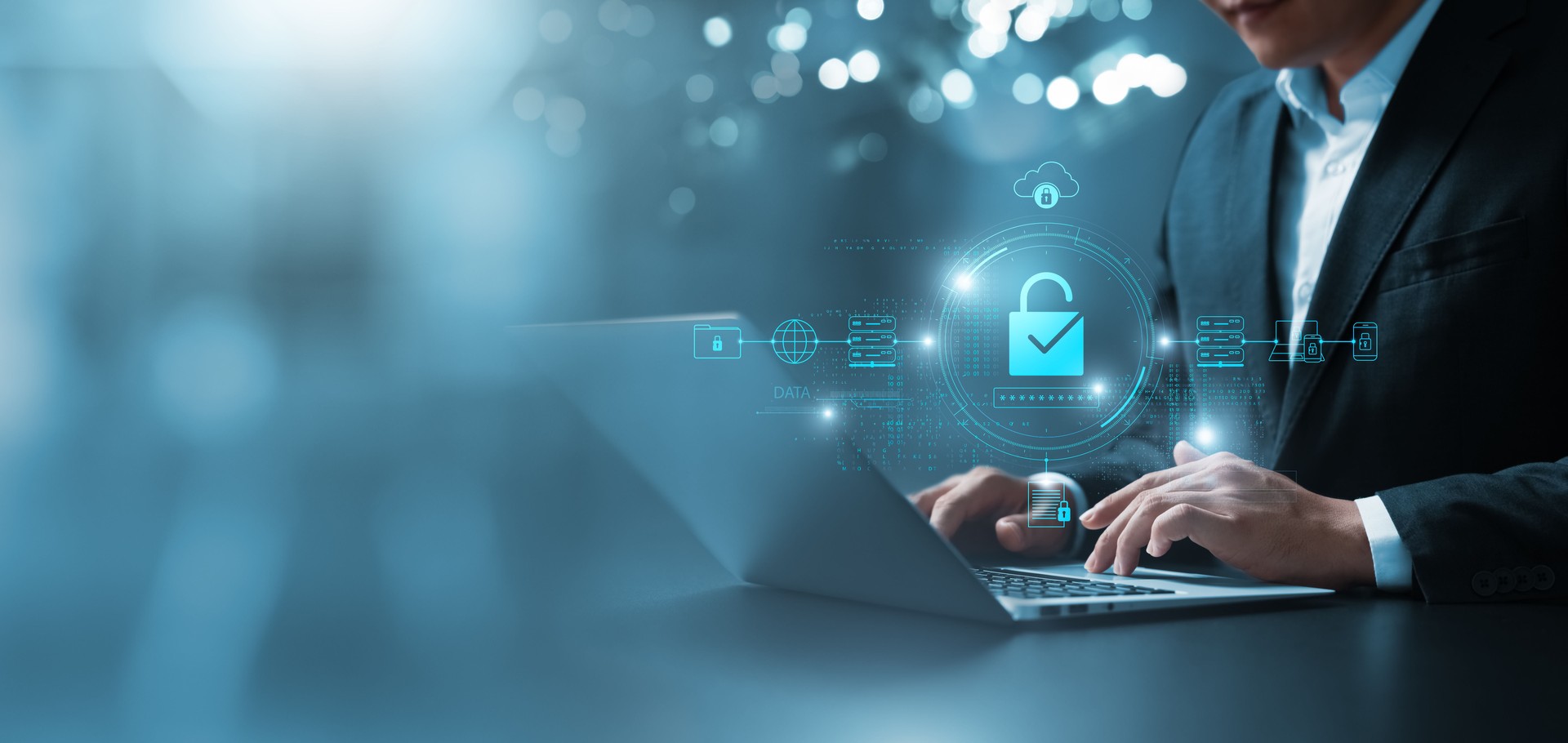 Businessman secures data with encryption and network security, protecting transactions. Cybersecurity for online business, data privacy, and defense against cyber attacks.