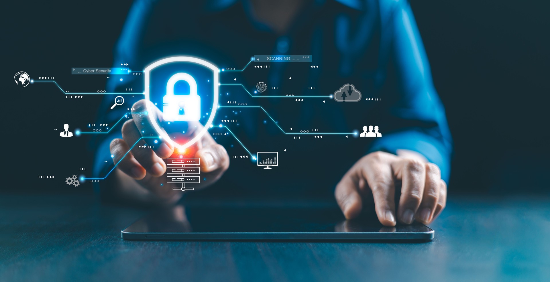 Cyber security network. Cybersecurity concept Global network security technology, business people protect personal information. Technology networking, cloud computing, data management, cybersecurity