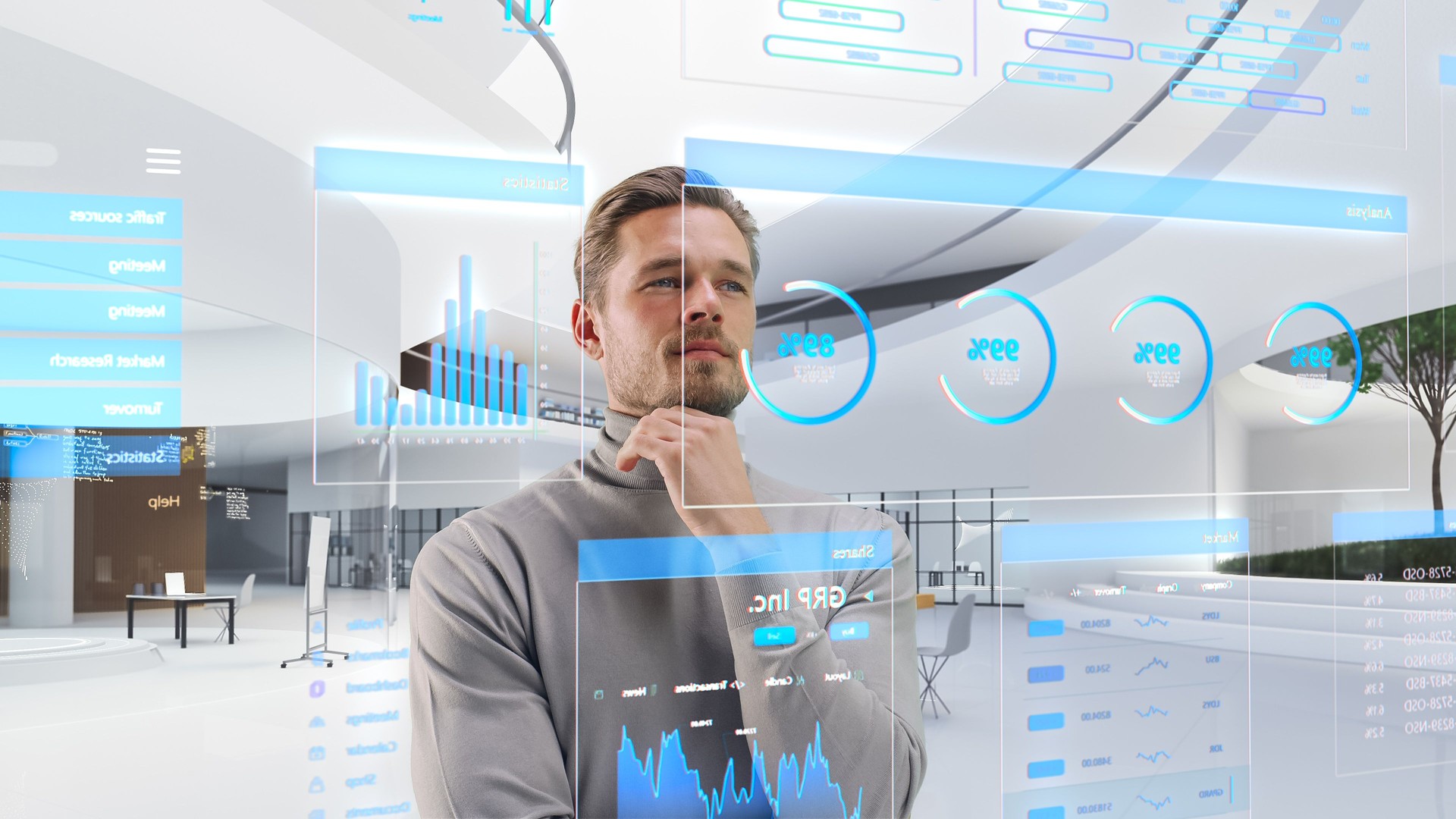 Handsome Man Standing in Futuristic Virtual Space, Interacting with an Augmented Reality Hologram with Business Data, Financial Reports, Stock Market Statistics, Infographics, Charts