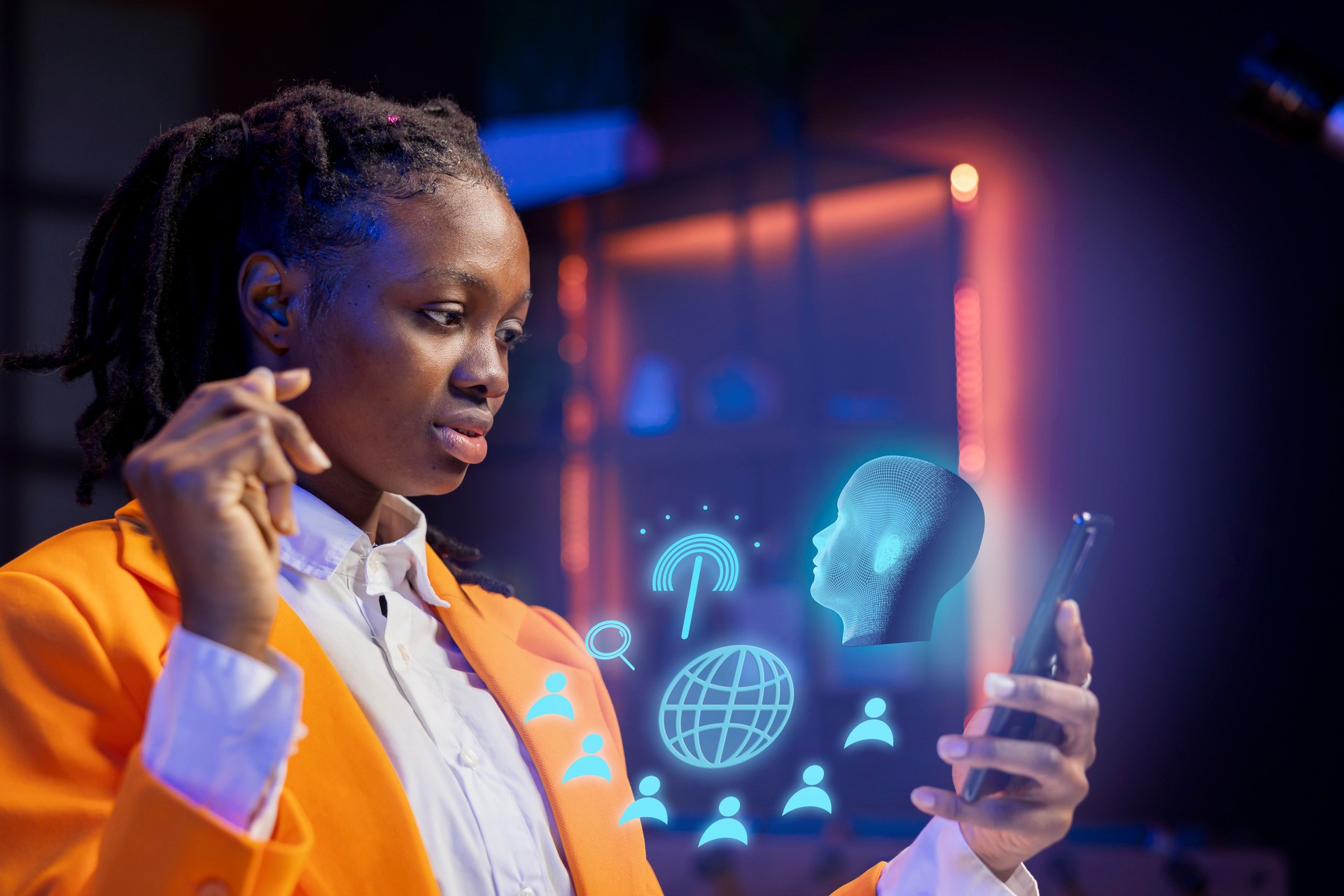Woman at home using mobile phone, interacting with AR AI assistant